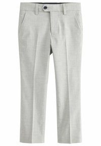 Pantalones de color gris claro hechos de tejido texturizado. Cuentan con bolsillos frontales, cierre de botón y un diseño de pierna recta.