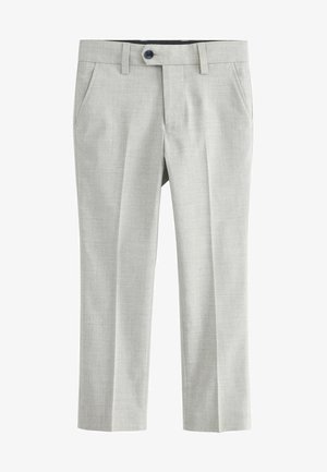 Pantaloni gri deschis dintr-un material texturat. Prezintă buzunare frontale, închidere cu nasture și un design drept.