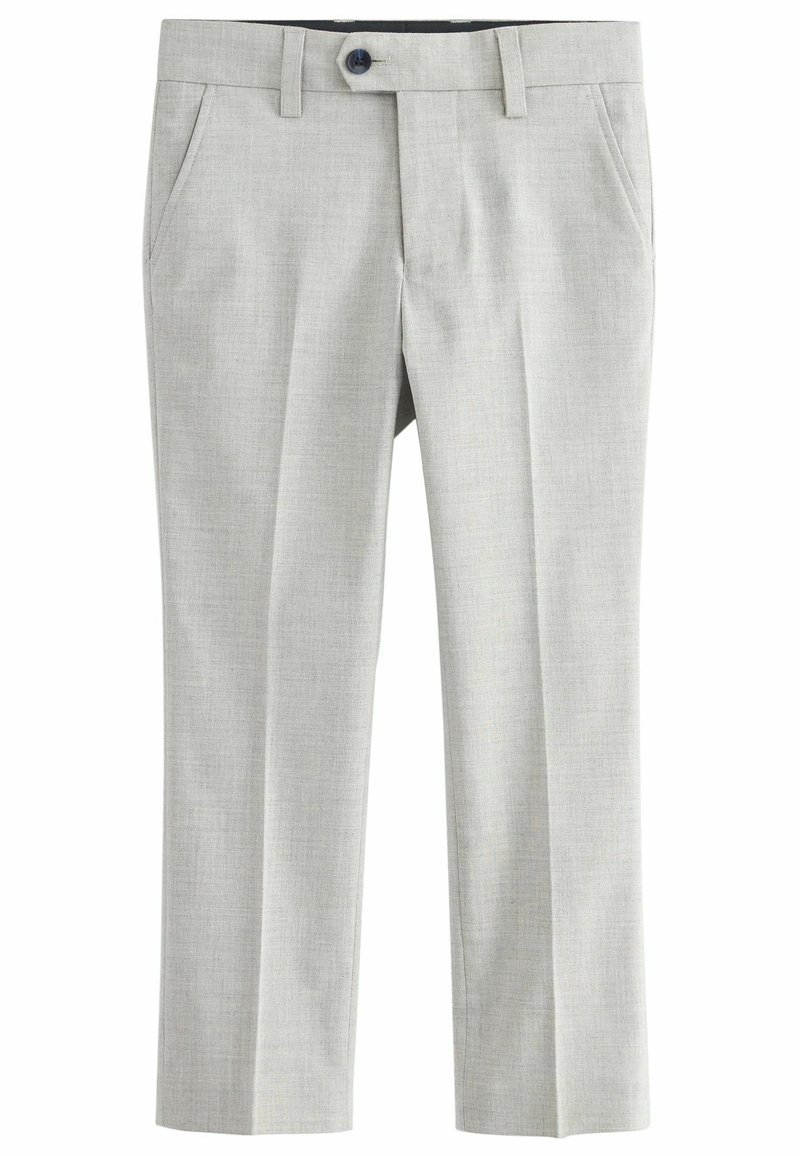 Pantalones de color gris claro hechos de tejido texturizado. Cuentan con bolsillos frontales, cierre de botón y un diseño de pierna recta.
