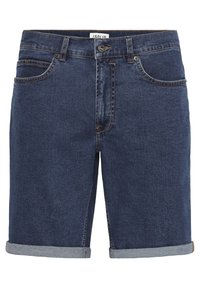 Tummansiniset farkkushortsit, joissa on klassinen viiden taskun malli, käännetyt lahkeet ja ommellut korostusdetailsit. Metallitarvikkeet sisältävät etunapin ja vetoketjun.