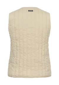 Veste sans manches beige matelassée avec des coutures verticales et une petite étiquette noire près du col indiquant "IW.EDITION".