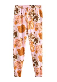Strækbare lyserøde bukser til pyjamas med et mønster af forskellige græskar i brune og orange nuancer, med elastik i taljen og ved anklerne.