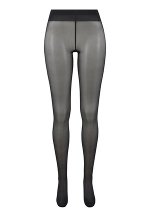 Collant neri trasparenti con fascia e dita rinforzate, mostrati frontalmente su sfondo bianco.