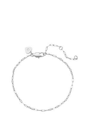 Silver chain bracelet with oval links, lobster clasp, and small heart-shaped charm near the clasp.