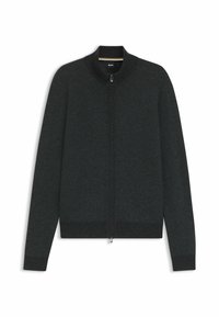 Mörkgrå stickad cardigan med dragkedja, ribbade ärmslut och nederkant, samt uppstående krage. Har ett subtilt strukturerat mönster.