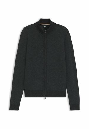 Donkergrijze gebreide cardigan met rits, geribde manchetten en zoom, en een staande kraag. Kenmerkt zich door een subtiele textuurpatroon.