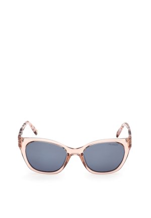 Cat-eye sunglasses with a translucent pink frame, dark polarized lenses, and tortoiseshell-patterned temple tips.