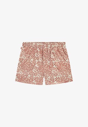 Šviesiai smėlinės šortai su gėlių raštu raudonais atspalviais, su elastinga juosta ir laisva prigludimo forma.