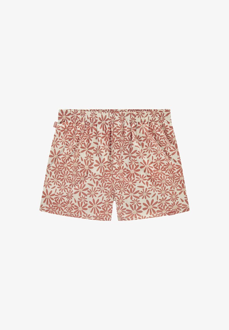 Mønstrede shorts i lys beige med et blomstermotiv i røde nuancer, med elastisk talje og løs pasform.