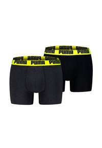 Zwei Paare Boxershorts: eines in Schwarz und eines in Dunkelgrau, beide mit einem breiten neon-gelbfarbenen Bund, der ein Logo und Text trägt.