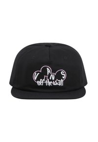 Schwarze Kappe aus Baumwolle, mit einem in Pink und Weiß gestickten Vans-Logo, flachem Schirm und strukturiertem Design.