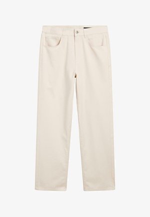 Béžové bavlněné kalhoty se rovnými nohavicemi, s dvěma předními kapsami, zapínáním na knoflík a jemnou texturou.