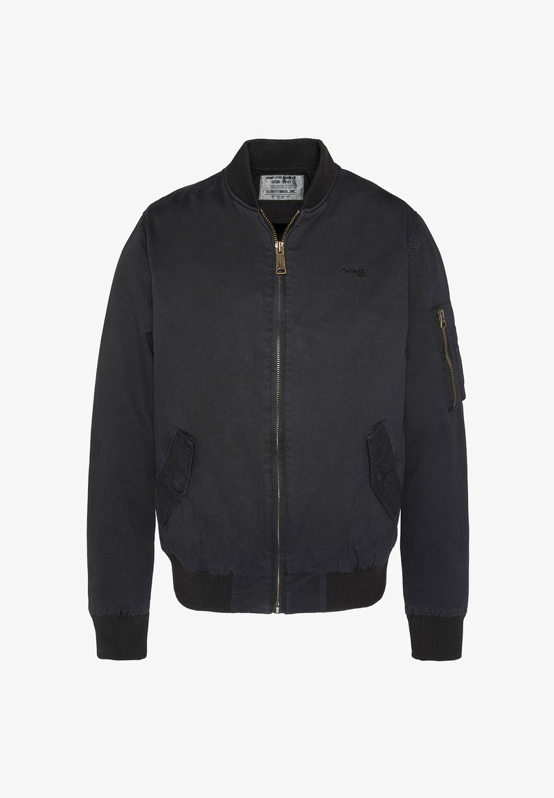 Chaqueta bomber, azul marino oscuro, tejido de mezcla de algodón, cierre frontal con cremallera, bolsillos laterales, puños y dobladillo de punto, con bolsillo utilitario en la manga.