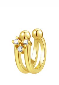 Goldring mit zwei Bändern in polierter Oberfläche, verziert mit drei klaren Steinen und dekorativen kugelförmigen Akzenten.