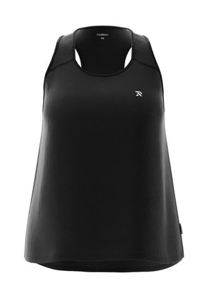 Zwart sportief tanktop met een ronde hals en een open rugontwerp. Gemaakt van een zachte, ademende stof met een klein logo op de borst.