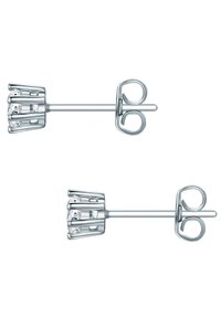 Orecchini a perno in argento con design floreale, caratterizzati da una pietra trasparente in montatura a griffe, completati da chiusure a spirale.