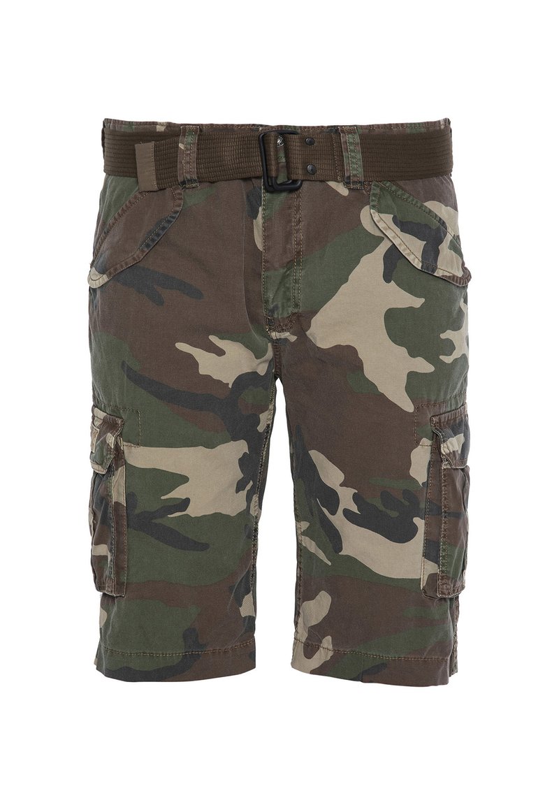 Pantaloni cargo mimetici in tonalità di verde, marrone e beige. Presentano passanti per la cintura, numerose tasche e una vestibilità comoda.
