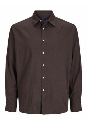 Tmavo hnedá košeľa s dlhým rukávom, klasickým golierom, predným zapínaním na gombíky a gombíkovými manžetami. Vyrobená z hladkej tkaniny s jemným leskom.