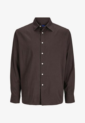 Tummanruskea pitkähihaisyyppinen paita, jossa on klassinen kaulus, etupainikkeet ja napitettavat hihansuut. Valmistettu sileästä kankaasta, jolla on kevyt kiilto.