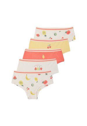 Fünf Paar Kinderunterwäsche in Pastellfarben mit lächelnden Obstmotiven und gestreiften Bündchen, arrangiert in einem versetzten Stapel.