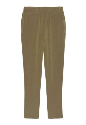 Olivgrüne Slim-Fit-Hose mit elastischem Bund und Seitentaschen, aus weichem, dehnbarem Stoff gefertigt.