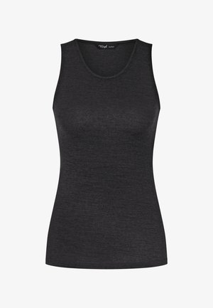 Czarny bezrękawnik z miękkiej, teksturowanej tkaniny z okrągłym dekoltem i dopasowanym krojem, bez widocznych logo ani wzorów.