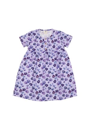 Fliederfarbenes Baby-Kleid mit kurzen Ärmeln, lila Blumenmuster, rundem Ausschnitt und drei Holzknöpfen an der Vorderseite.