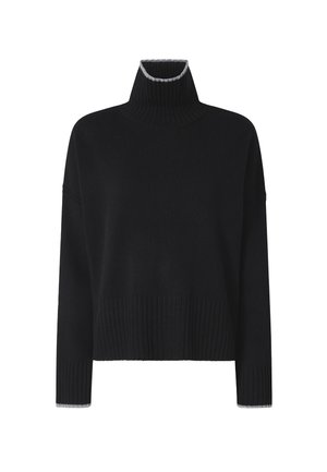 Maglione nero a collo alto con una texture a coste e maniche lunghe. Presenta un accento grigio chiaro sul colletto e sui polsini. Design cropped.