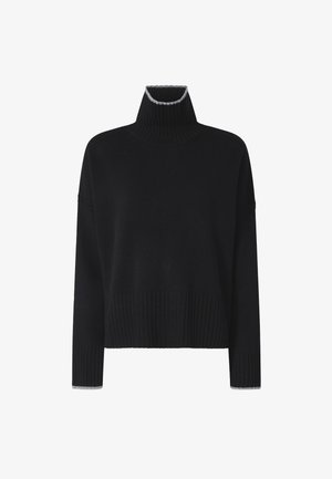 Jersey de cuello alto negro con una textura acanalada y mangas largas. Presenta un acento gris claro en el cuello y los puños. Diseño corto.