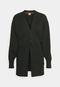 Cardigan noir à manches longues avec trois boutons sur le devant et col en V, en tissu tricoté doux.