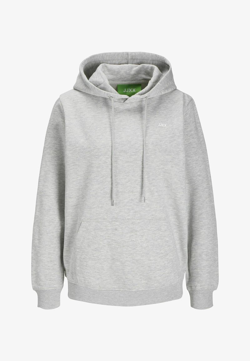 Grå hettegenser i mykt stoff med kengurulomme, snorhette og ribbestrikkede mansjetter. Har en liten logo på brystet.
