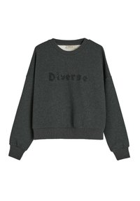 Czarny szary sweterek z cropped design, z okrągłym dekoltem, długimi rękawami oraz textured logo "Diverse" z czarnych cekinów.