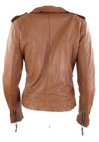 Braune Lederjacke mit klassischem Kragen, taillierter Passform, sichtbaren Nähten und Reißverschlussärmeln. Rückansicht, keine Verzierungen oder Muster.