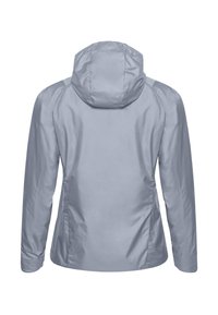 Hellgraue wasserdichte Jacke mit Kapuze, langen Ärmeln und Seitentaschen. Glatte Textur mit dezenten Stickdetails und lockerer Passform.