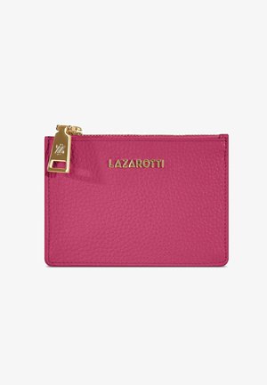 Roze leren portemonnee met een gestructureerde afwerking, gouden ritsen en een geperst "LAZAROTTI" logo. Compact rechthoekig van vorm.