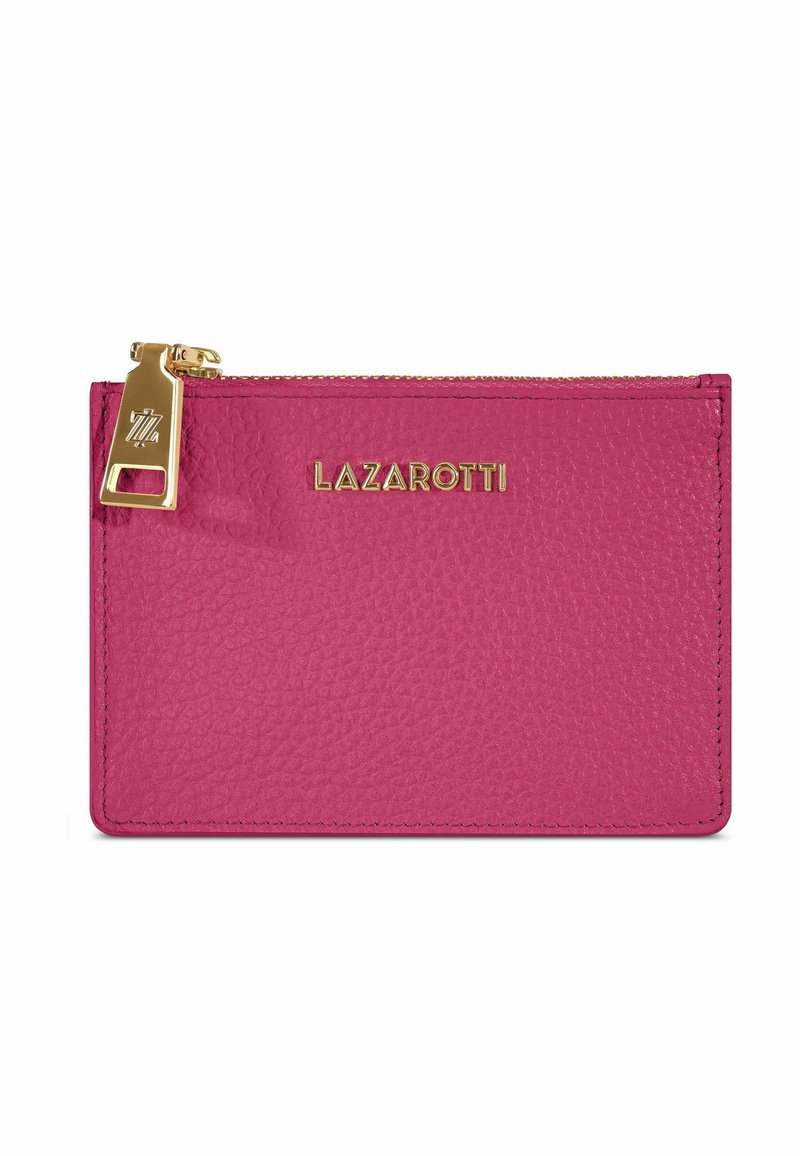 Portafoglio in pelle rosa con finitura testurizzata, hardware con cerniera dorata e logo "LAZAROTTI" in rilievo. Forma rettangolare compatta.