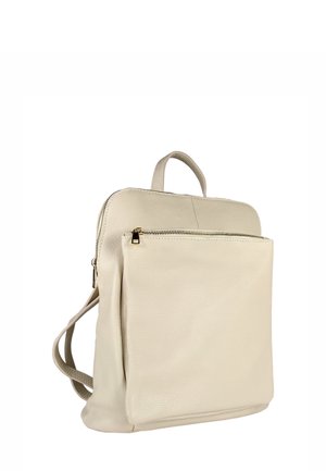 Cream-colored leather backpack with front zippered pocket, top handle, and adjustable shoulder straps on a white background.