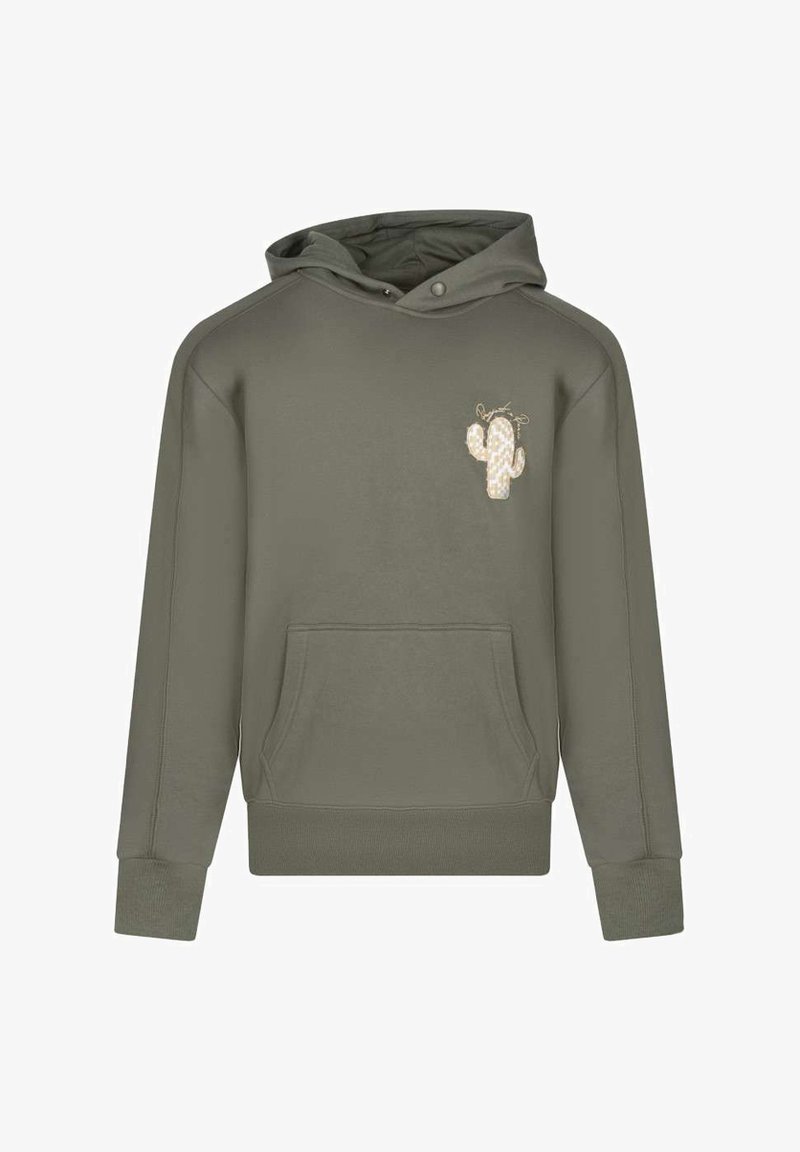 Sweat à capuche vert olive en mélange de coton, avec une poche avant et un graphique de cactus sur la poitrine gauche. Texture douce et capuche ajustable.