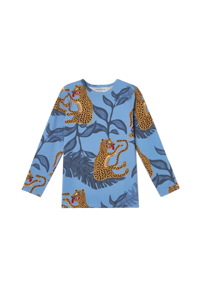 Camicia di cotone a maniche lunghe di colore blu con motivi di leopardo e fogliame in tonalità gialle e verdi; scollatura rotonda e vestibilità comoda.