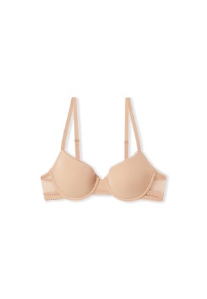 Reggiseno color nudo con ferretto, spalline regolabili e pannelli laterali in rete su sfondo bianco.