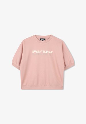 Roze cropped sweatshirt met korte, opbollende mouwen, voorzien van een metallic zilveren "DKNY"-logo op de borst en een ribbelzoom.