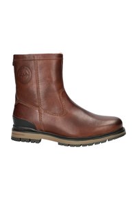 Bruine leren enkellaars met een gladde afwerking, elastische zijkanten en een duurzame rubberen zool met een profiel.