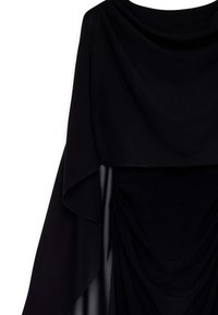 Black draped fabric with layered, flowing design, showing smooth and ruched textures against a white background.
