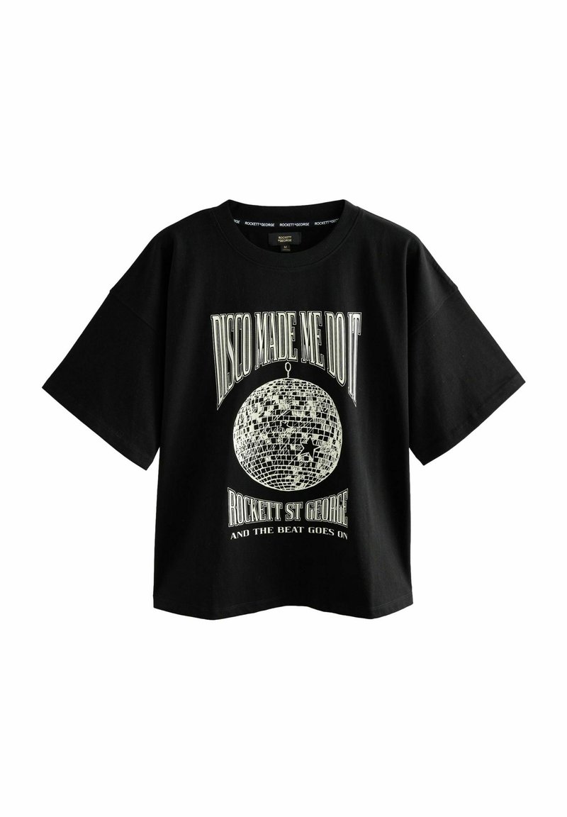 Zwart katoenen T-shirt met korte mouwen, met een witte afwerking van een discobal en de tekst "DISCO MADE ME DO IT."