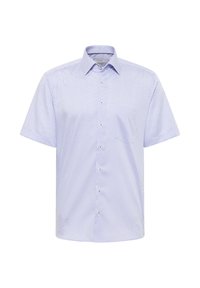Kurzarm-Hemd mit Knopfverschluss in Hellblau mit geometrischem Muster, ausgestattet mit einem Spitzkragen und normalem Schnitt. Glatte Stoffoberfläche.