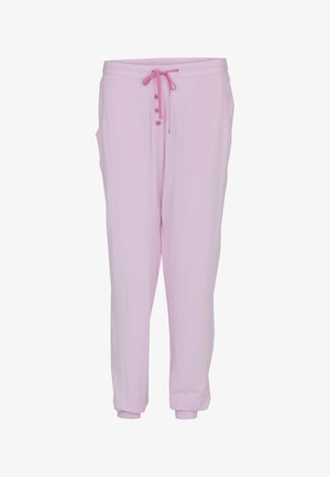 Jasnoróżowe casualowe spodnie z elastycznym pasem, różowym sznurkiem, zapięciem na guzik, bocznymi kieszeniami i mankietami przy nogawkach.