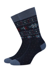 Granatowe skarpetki z geometrycznym wzorem z czerwonymi i jasnoniebieskimi akcentami. Żebrowany ściągacz, wzmocniony palec oraz pięta z kropkowaną teksturą.