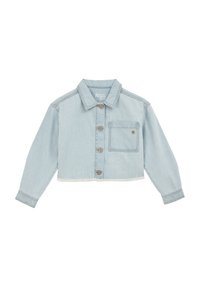 Light blue cropped denim jacket with a button front, a chest pocket, and frayed hem. Features long sleeves and a classic collar design.