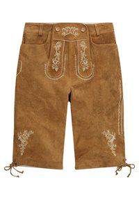 Brune suedeshorts med broderede blomster mønstre, dekorativ syning, to frontlommer og justerbare bånd i kanten.