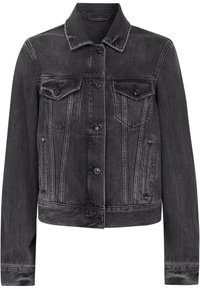 Tmavě modrá džínová bunda s límečkem, dvěma náprsními kapsami a bočními kapsami. Obsahuje zapínání na knoflíky a kontrastní švy.